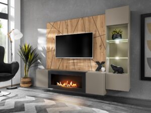 Miniaturka 4 - Meblościanka z biokominkiem i witryną LED Xarivo 200 cm z panelem we wzór geometryczny – Szafka z kominem LED beżowa z półkami