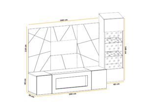 Miniaturka 5 - Meblościanka z biokominkiem i witryną LED Xarivo 200 cm z panelem we wzór geometryczny – rysunek z wymiarami