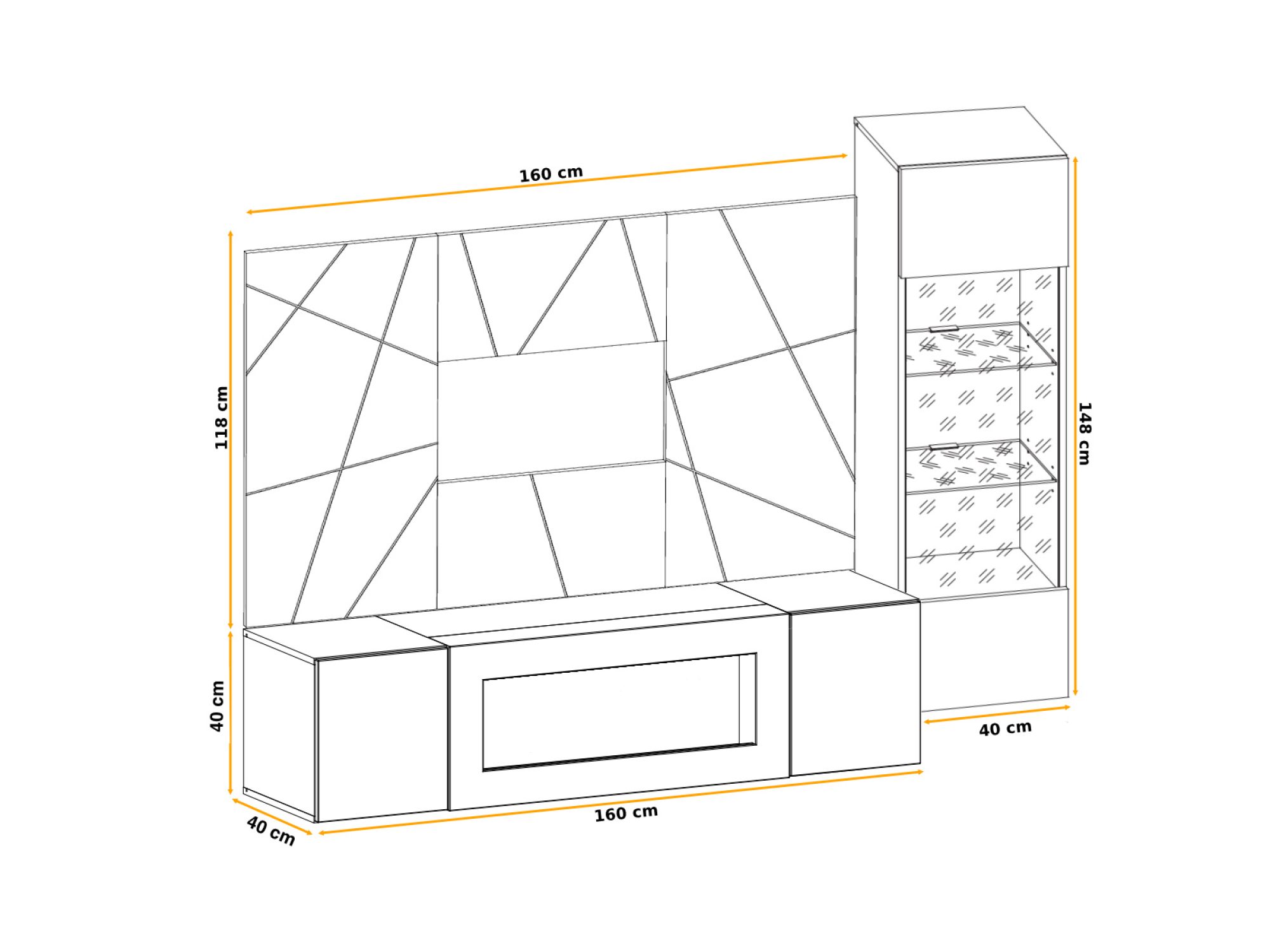 Meblościanka z biokominkiem i witryną LED Xarivo 200 cm z panelem we wzór geometryczny – rysunek z wymiarami