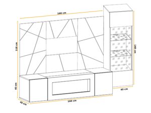 Miniaturka 6 - Meblościanka z biokominkiem i witryną LED Xarivo 200 cm z panelem we wzór geometryczny – rysunek z wymiarami, widok 2