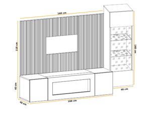 Miniaturka 5 - Meblościanka z biokominkiem i witryną LED Xarivo 200 cm z panelem we wzór lamel – rysunek z wymiarami
