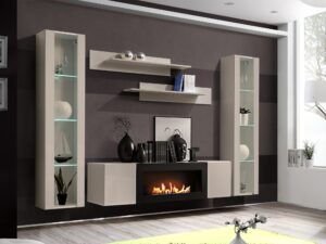 Miniaturka 1 - Meblościanka Flavero 260 cm kaszmir LED biokominek aranżacja