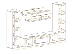 Miniaturka 2 - Wymiary meblościanki Flavero 260 cm witryny LED biokominek