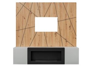 Miniaturka 7 - Meblościanka z biokominkiem Xarivo 160 cm z panelem we wzór geometryczny – Szafka z czarnym frontem i białymi bokami