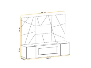 Miniaturka 6 - Meblościanka z biokominkiem Xarivo 160 cm z panelem we wzór geometryczny – rysunek z wymiarami, widok 2