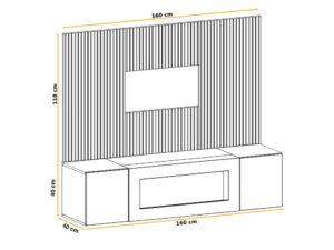 Miniaturka 4 - Meblościanka z biokominkiem Xarivo 160 cm z panelem we wzór lamel – rysunek z wymiarami