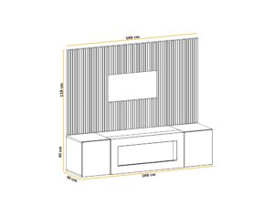 Miniaturka 5 - Meblościanka z biokominkiem Xarivo 160 cm z panelem we wzór lamel – rysunek z wymiarami, widok 2