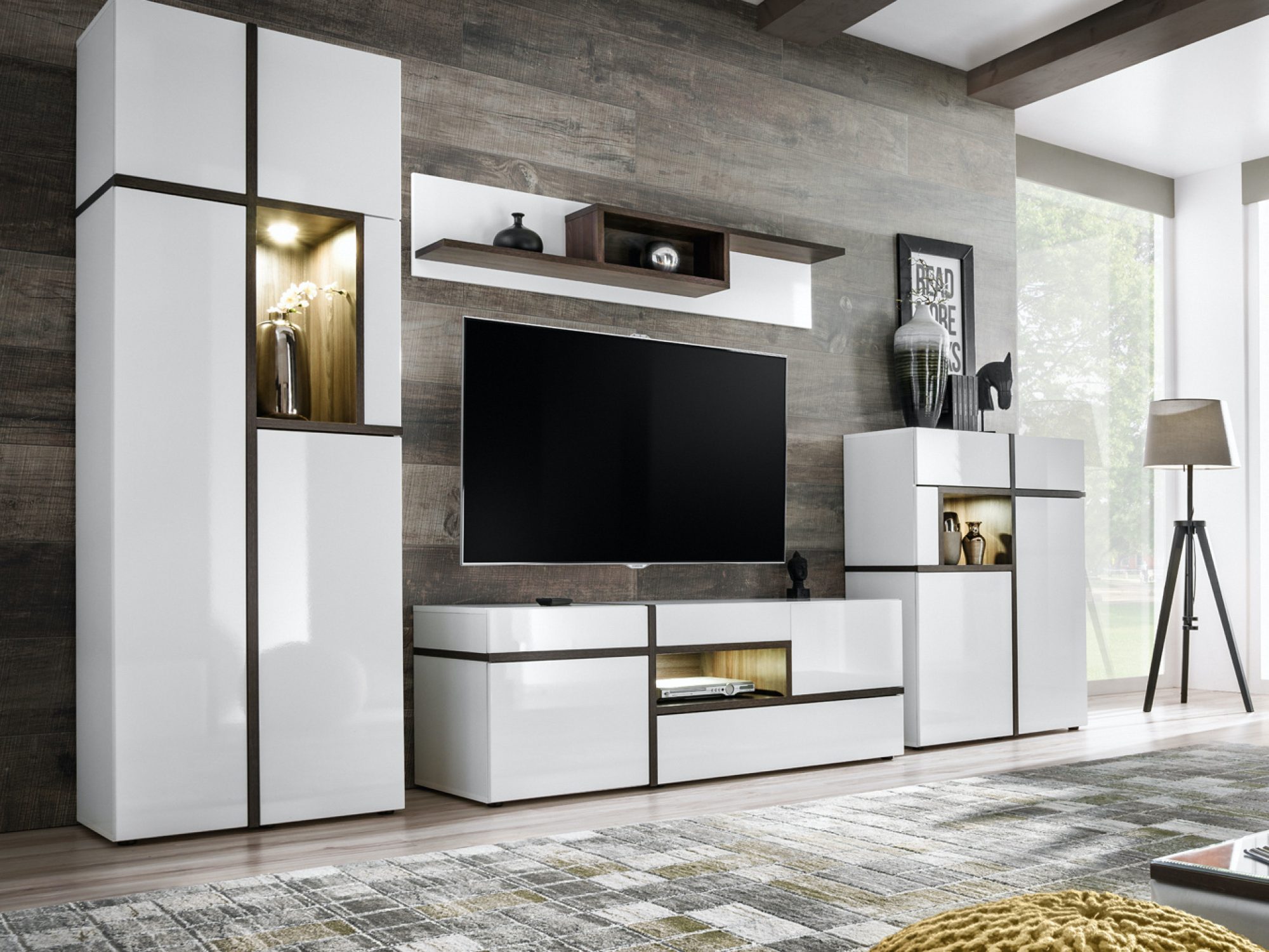 Meblościanka z witrynami i LED Cresto 330 cm w aranżacji salonu