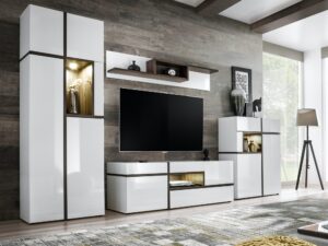 Miniaturka 3 - Meblościanka z witrynami i LED Cresto 330 cm – Szafka telewizyjna biała z czarnymi wstawkami i LED