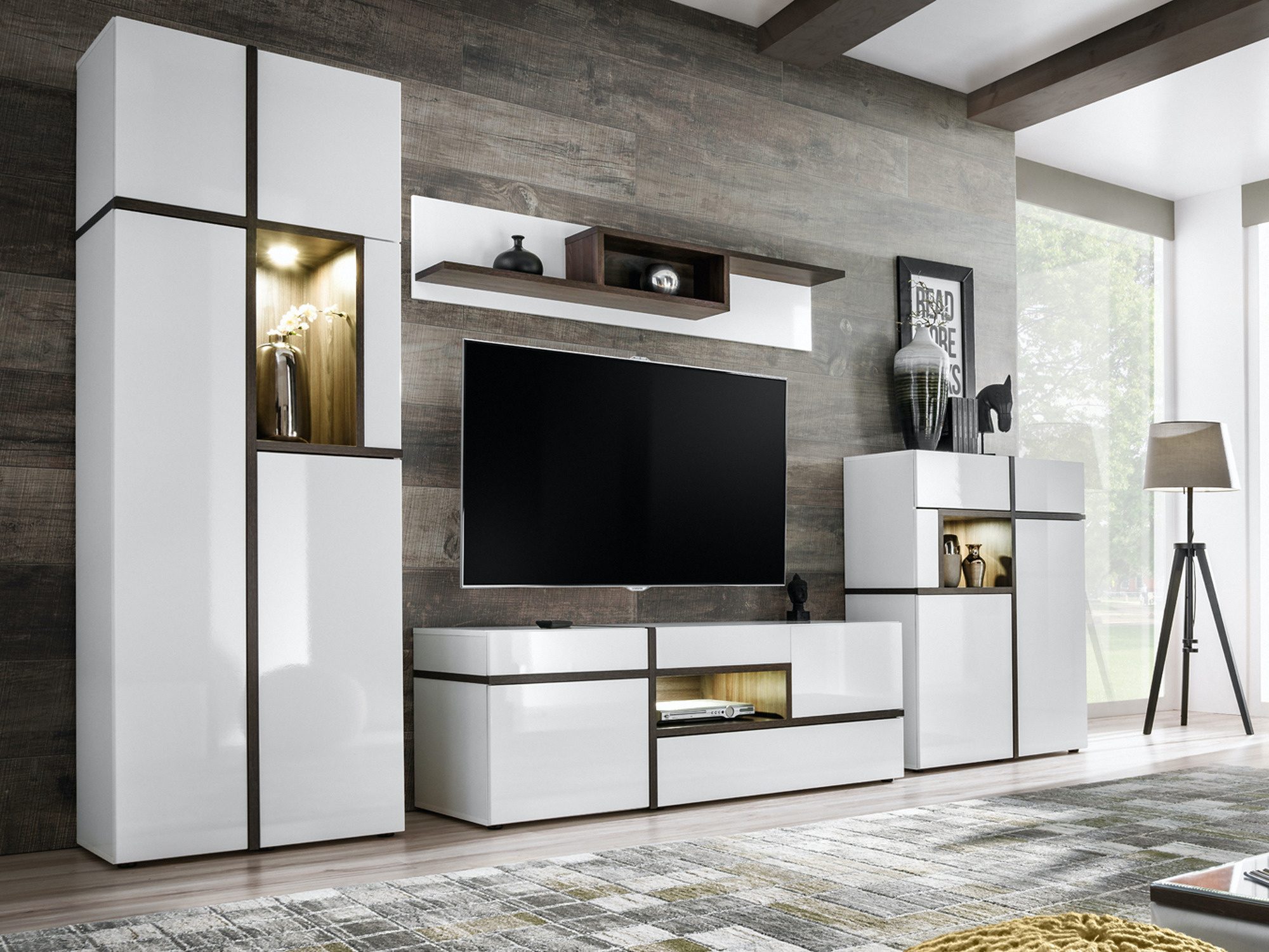 Meblościanka z witrynami i LED Cresto 330 cm – Szafka telewizyjna biała z czarnymi wstawkami i LED