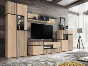 Miniaturka 6 - Meblościanka z witrynami i LED Cresto 330 cm – Szafka telewizyjna jasnobrązowa z czarnymi elementami i szufladami