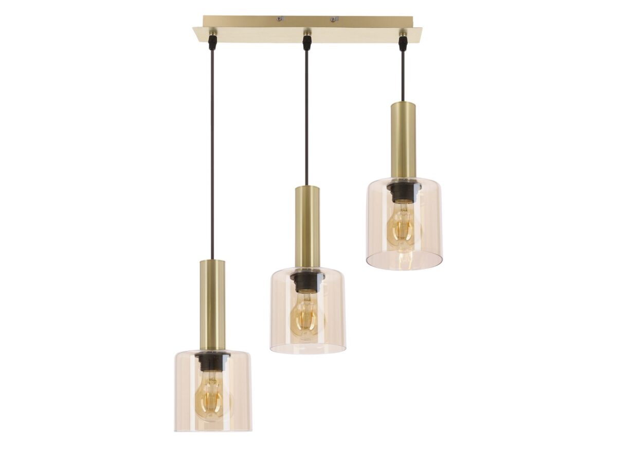Lampa wisząca Melevora potrójna 3×E27 – mosiądz i bursztynowe szkło