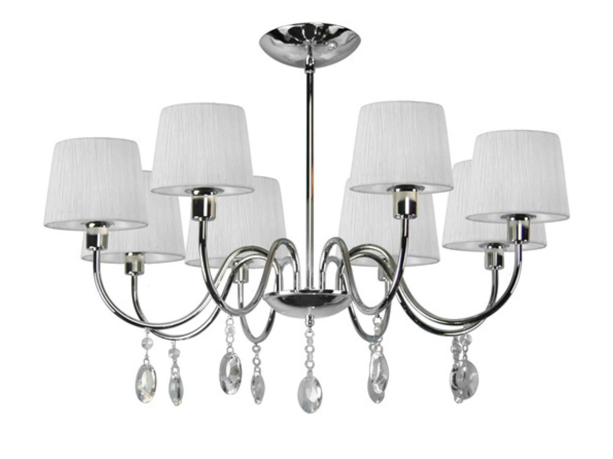 Lampa wisząca Miresio chromowana z ośmioma białymi abażurami