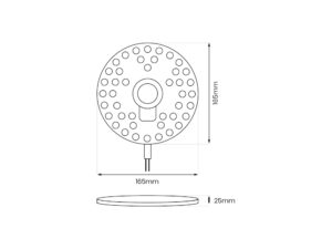 Miniaturka 1 - Rysunek wymiarowy okrągłego modułu LED 20 W o średnicy 165 mm i wysokości 25 mm