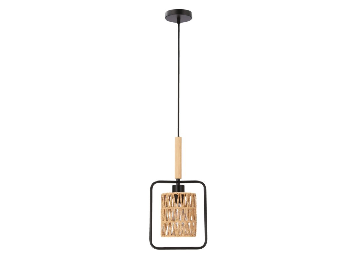 Lampa wisząca Nalimia czarna z beżowym plecionym abażurem