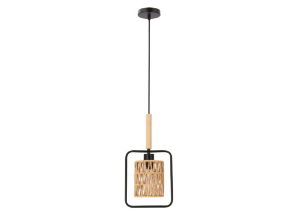 Lampa wisząca Nalimia czarna z beżowym abażurem ze sznurka na białym tle
