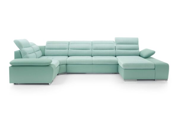 Narożnik Corfino 365 cm w miętowej tapicerce – front