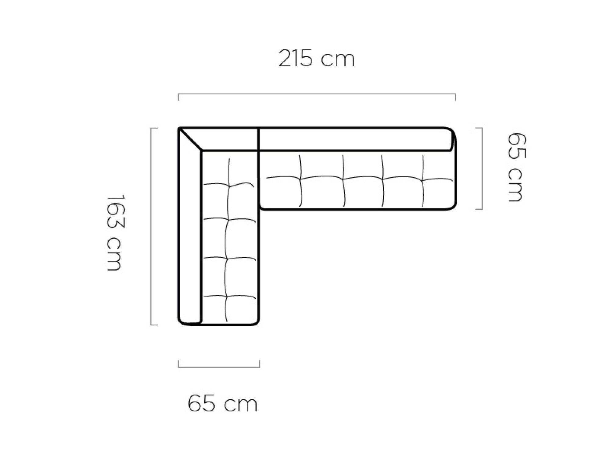 Narożnik kuchenny Milvero 215 cm – rysunek z góry: 215 × 163 cm, głębokość 65 cm