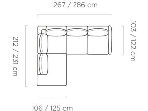 Miniaturka 8 - Rysunek wymiarowy narożnika Stormeo 286 cm – widok z góry, szerokość 267/286 cm