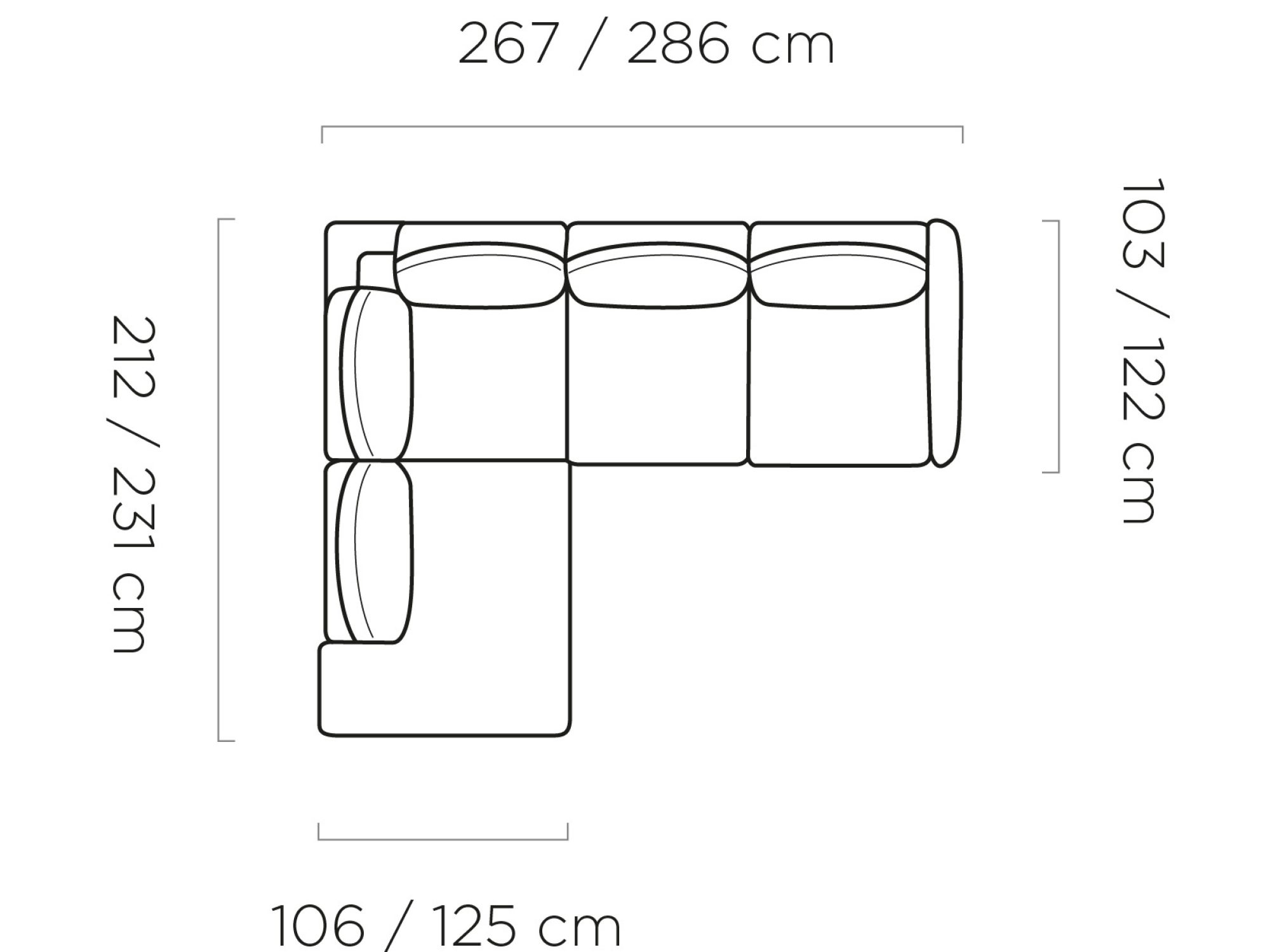 Rysunek wymiarowy narożnika Stormeo 286 cm – widok z góry, szerokość 267/286 cm