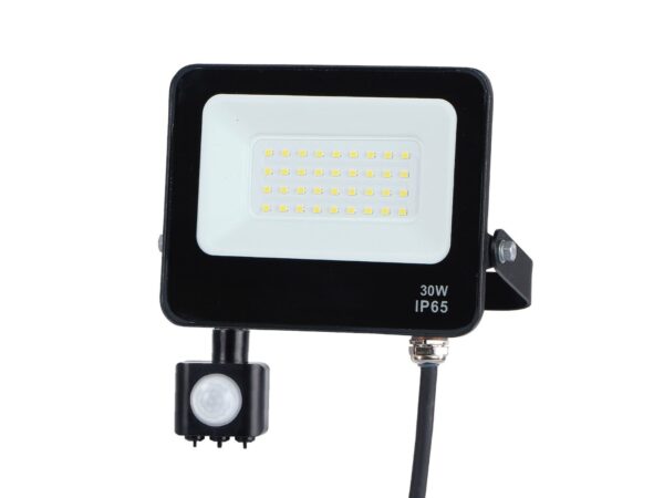 Czarny naświetlacz LED 30 W IP65 z czujnikiem ruchu PIR na białym tle