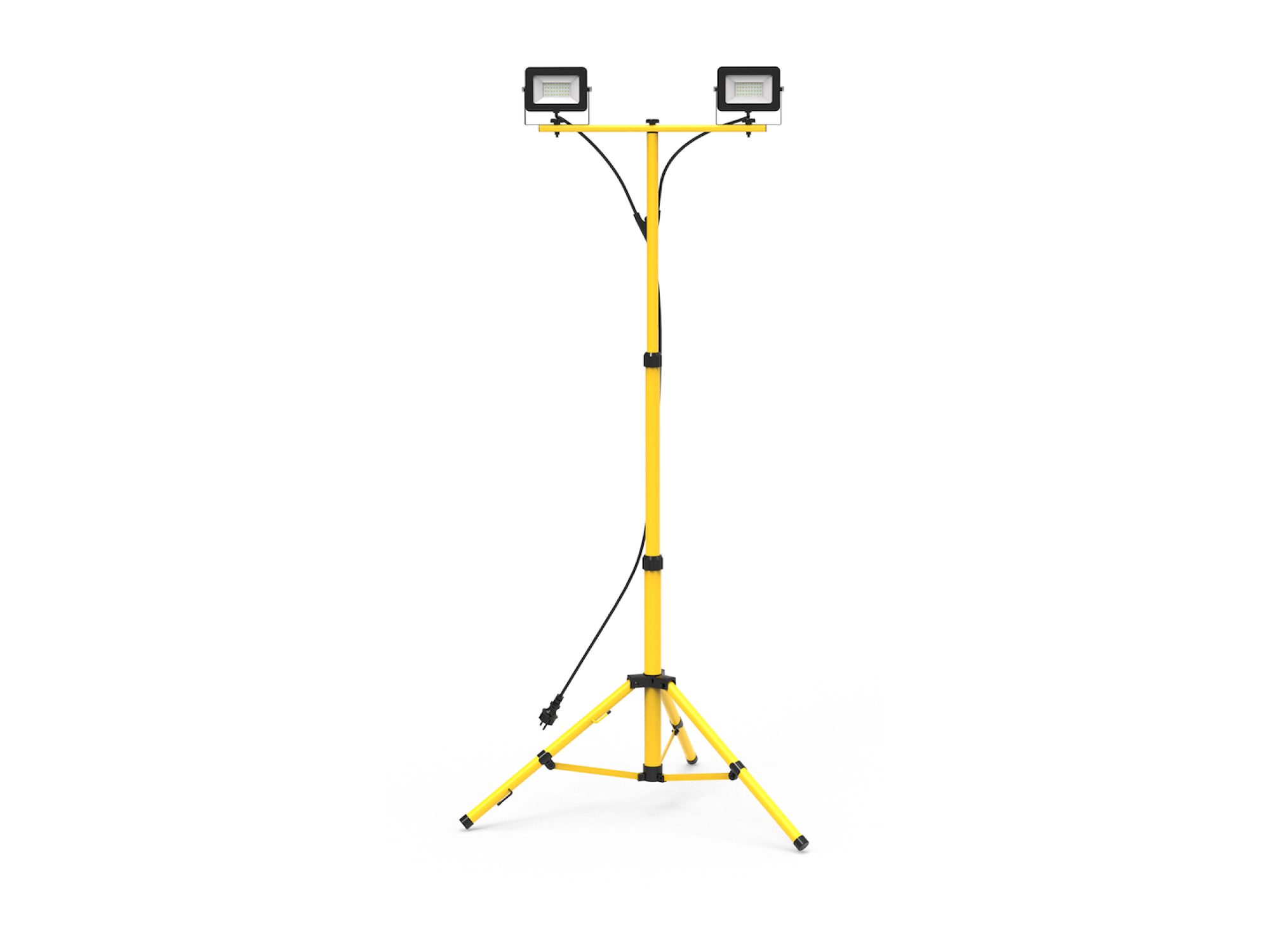 Naświetlacz roboczy LED 2 × 30 W na żółtym statywie, ujęcie z przodu