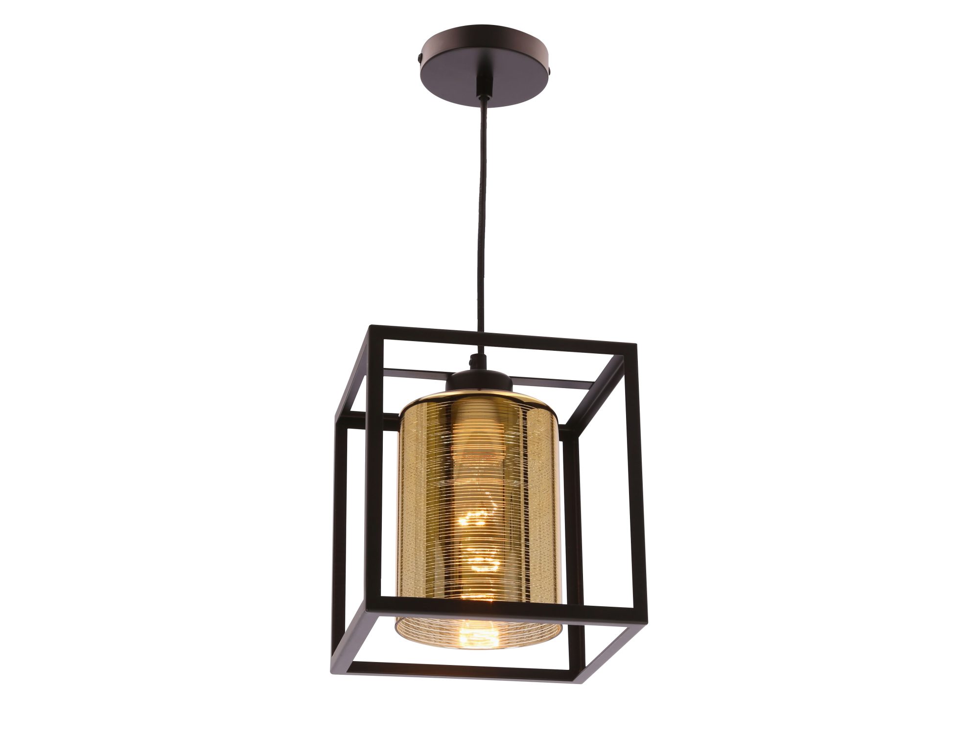 Czarna lampa wisząca Nevalona z geometryczną ramą i złotym szklanym kloszem