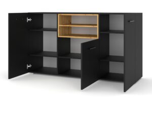 Miniaturka 1 - Komoda Nimet 151 cm z otwartymi drzwiami — trzy schowki z półkami i dwie otwarte półki