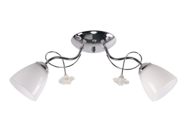 Dwupunktowa lampa sufitowa Noridela z białymi kloszami i chromowanymi ramionami