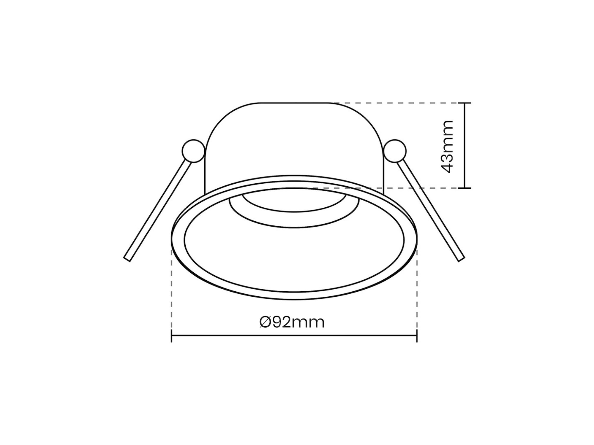Rysunek techniczny okrągłego oczka GU10: średnica 92 mm i wysokość 43 mm