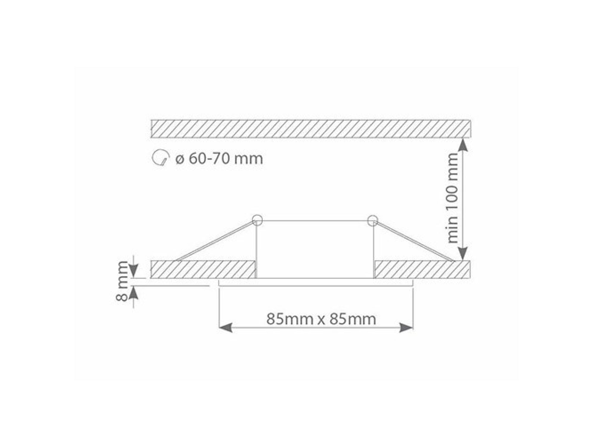 Oczko sufitowe kwadratowe IP44 – schemat otworu 60–70 mm
