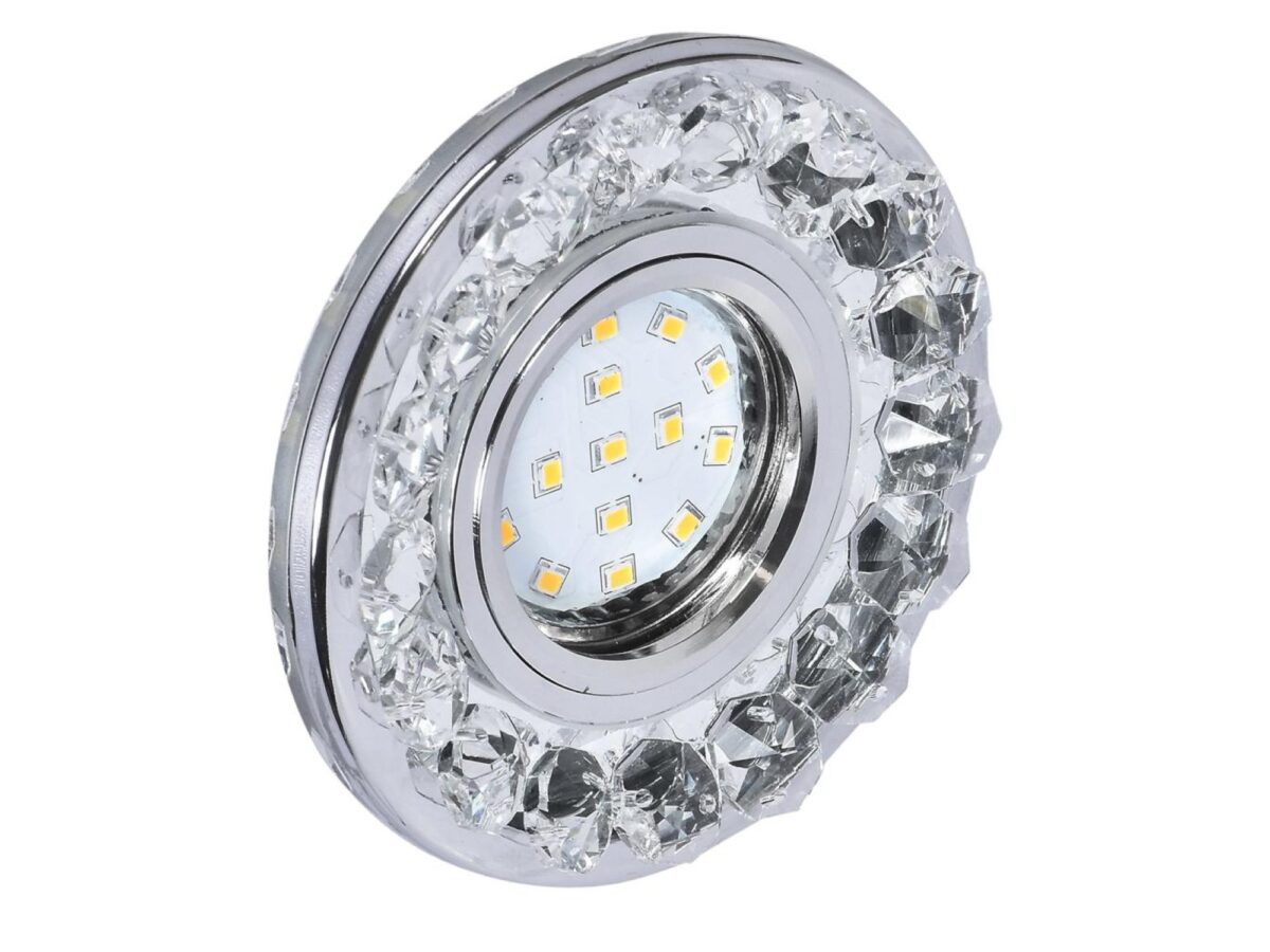 Oczko sufitowe okrągłe GU10 chrom z kryształkami i LED 10 cm