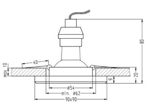 Miniaturka 3 - Schemat montażowy kwadratowego oczka sufitowego GU10 90 na 90 mm z otworem minimum 62 mm