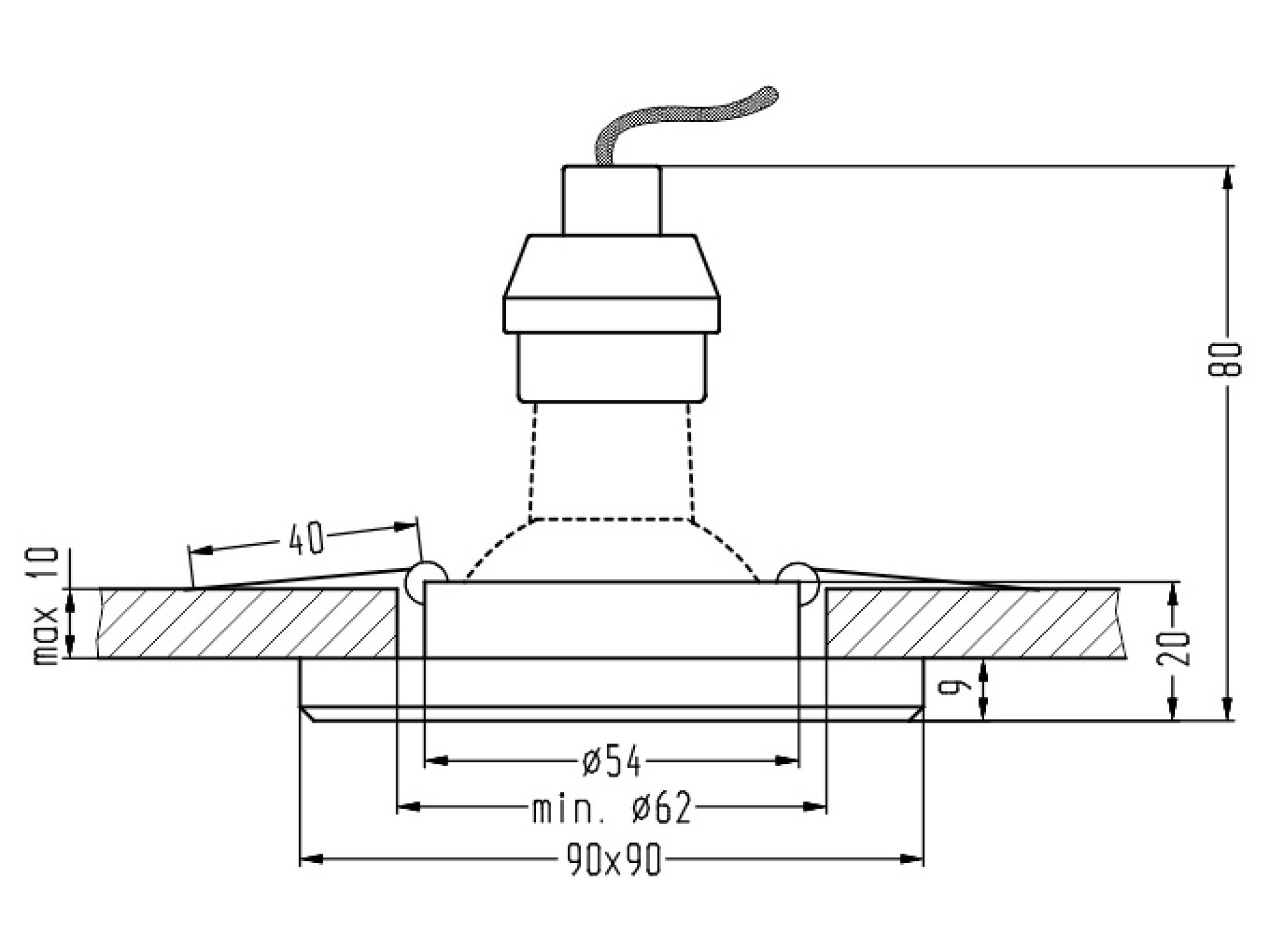 Rysunek montażowy oczka sufitowego 90 × 90 mm z otworem co najmniej 62 mm
