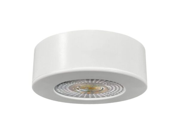 Białe oczko sufitowe LED 2w1 w konfiguracji natynkowej na białym tle