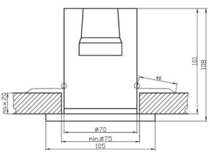 Miniaturka 1 - Rysunek wymiarowy oczka sufitowego mosiężnego z frontem 105 mm i otworem 75 mm