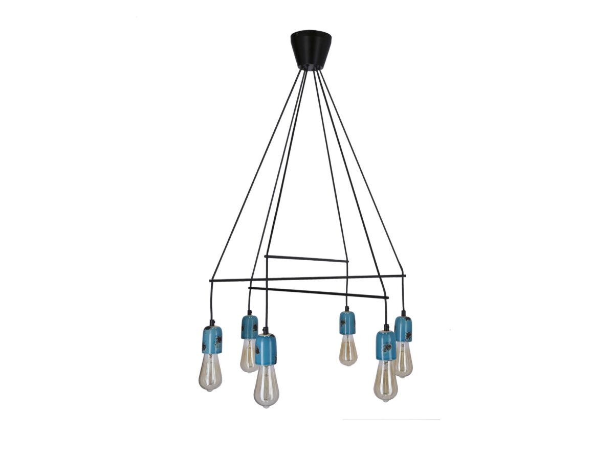 Lampa wisząca Olenio czarna 6 E27 z niebieskimi oprawkami