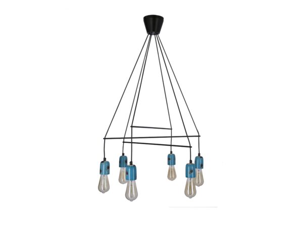 Lampa wisząca Olenio czarna z sześcioma niebieskimi oprawkami E27