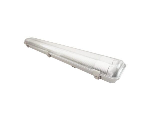 Szara oprawa hermetyczna IP65 na dwie świetlówki T8 LED 60 cm, cały korpus na białym tle
