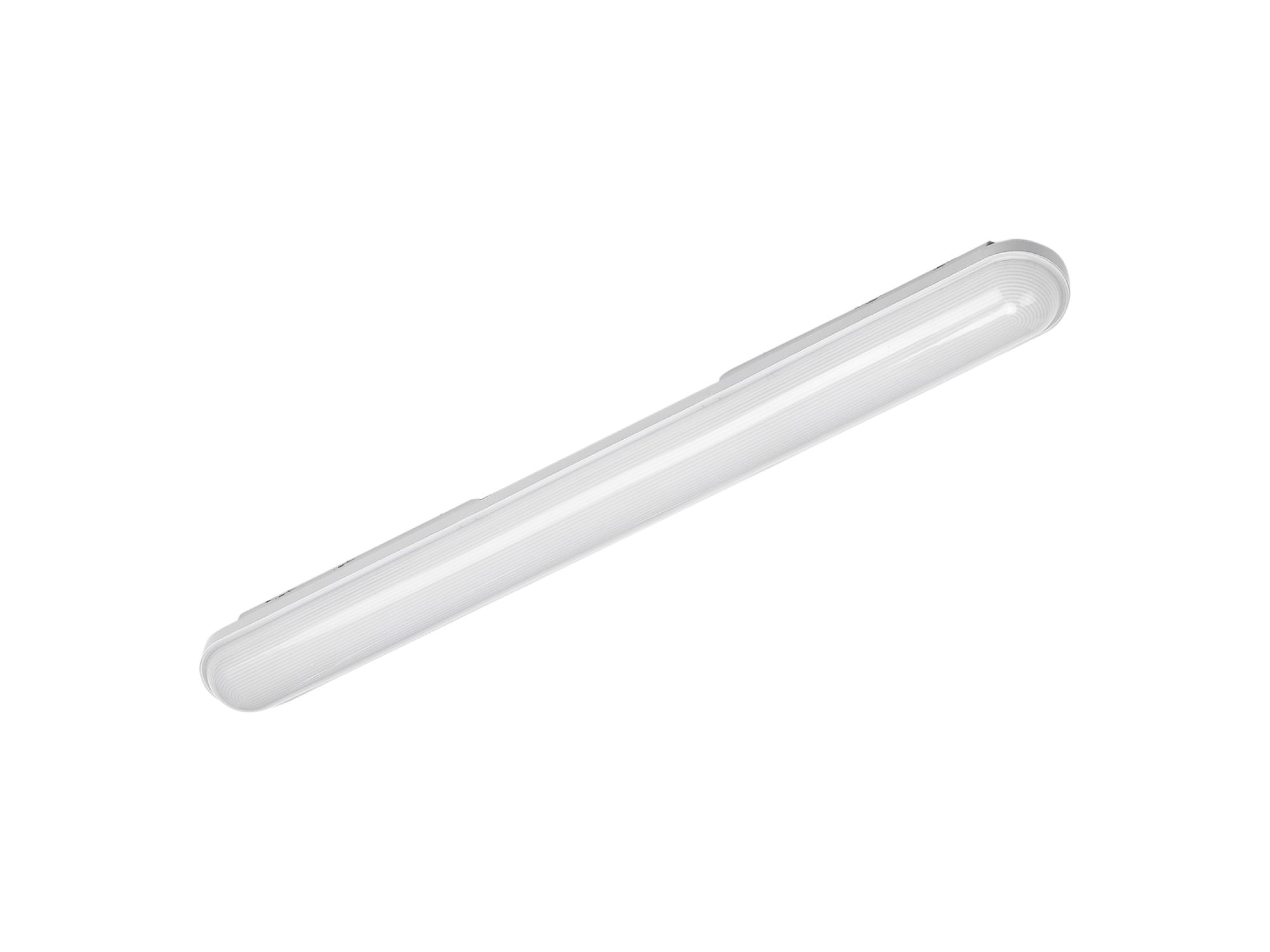 Szara oprawa hermetyczna LED o długości 60 cm, cała na białym tle
