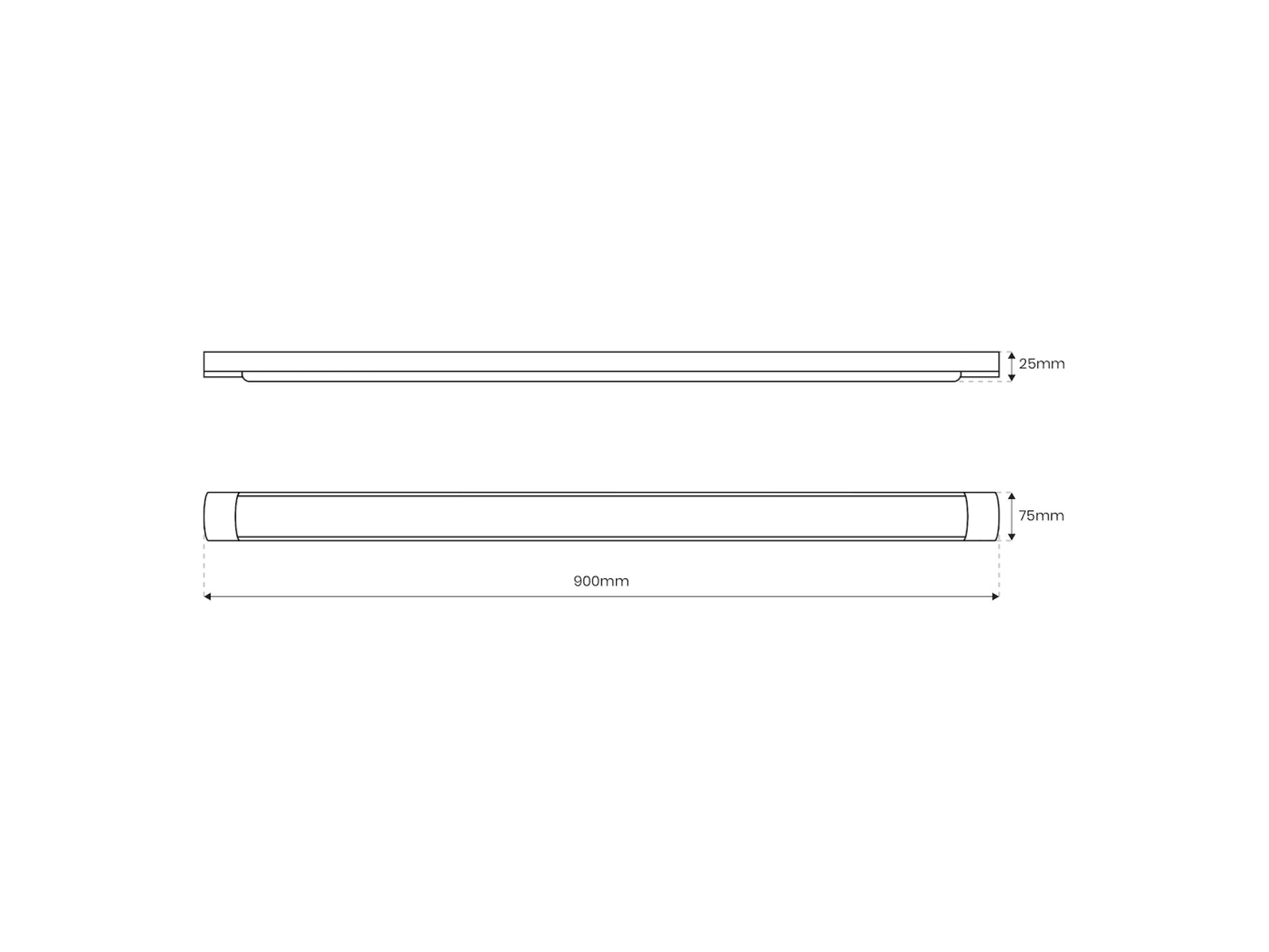 Rysunek wymiarowy listwy LED o długości 900 mm, szerokości 75 mm i wysokości 25 mm