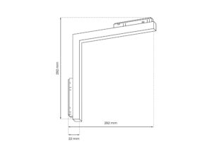Miniaturka 1 - Rysunek wymiarowy oprawy LED w kształcie litery L, ramiona 292 mm i przekrój 22 mm