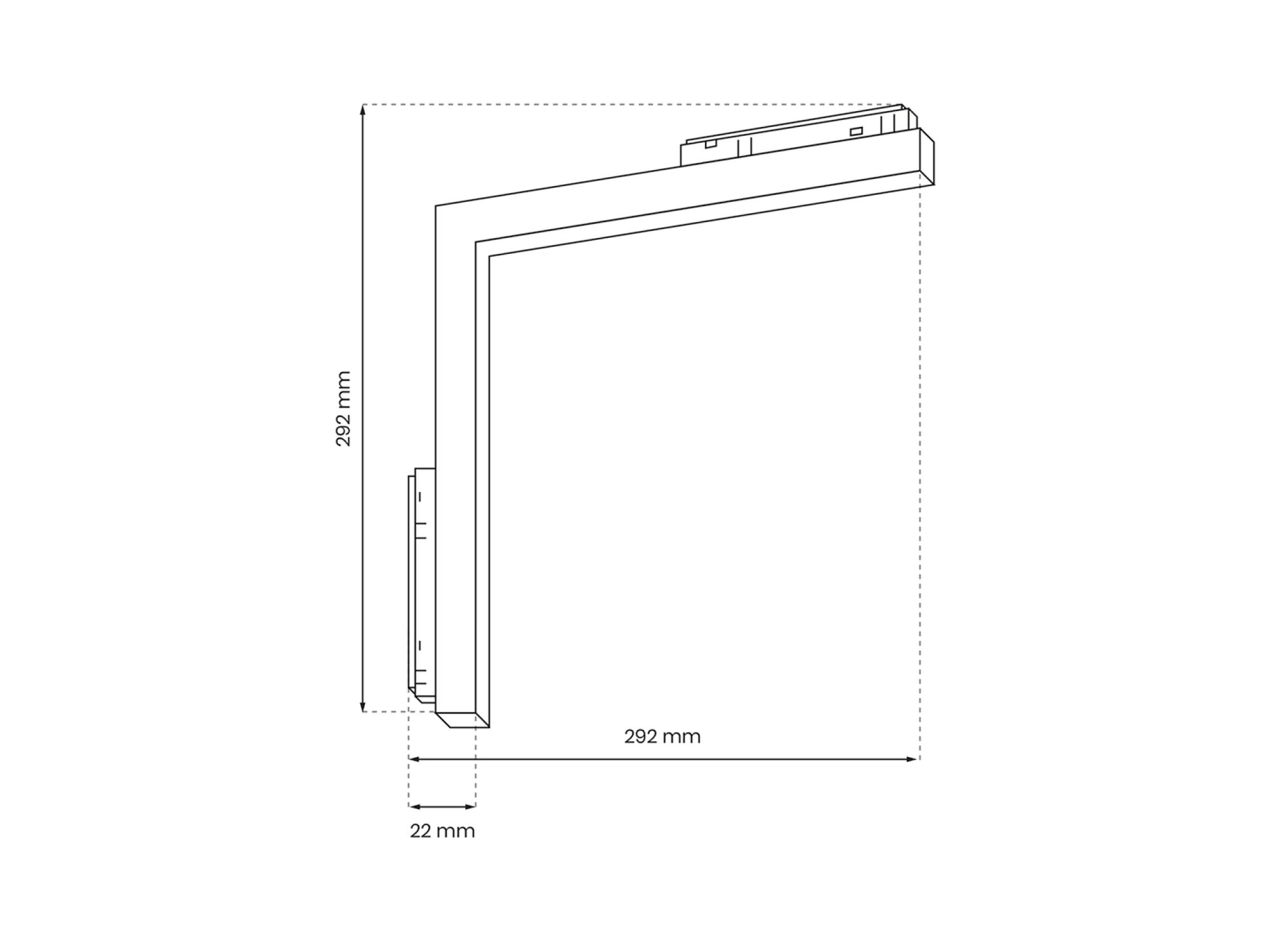 Rysunek wymiarowy oprawy LED w kształcie litery L, ramiona 292 mm i przekrój 22 mm