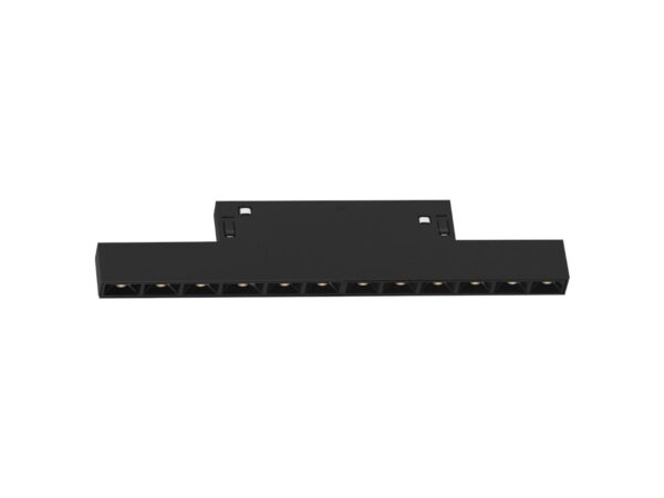 Czarna oprawa liniowa magnetyczna LED 12 W CCT 19,6 cm na białym tle