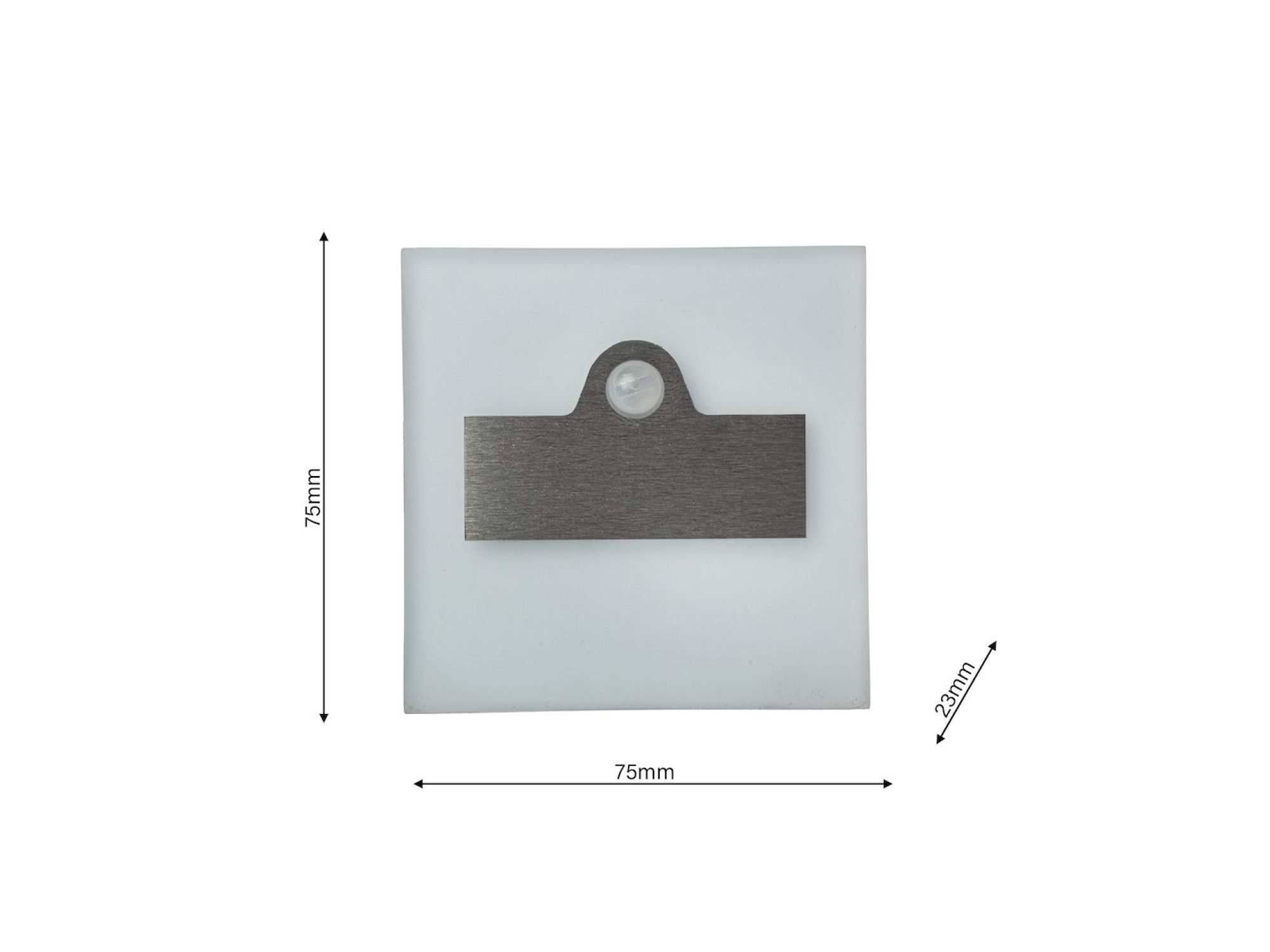 Wymiary oprawy schodowej LED z mlecznym frontem: 7,5 × 7,5 cm, głębokość 2,3 cm