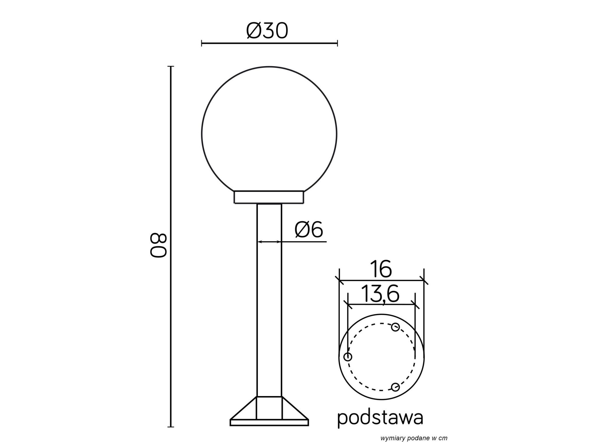 Rysunek wymiarowy oprawy stojącej KULE K 5002/3/K 300