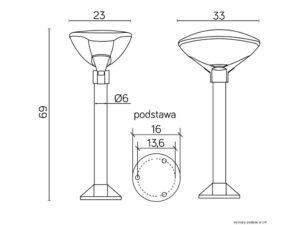 Miniaturka 3 - Rysunek wymiarowy oprawy stojącej TEO 3 – wysokość 69 cm i szerokość 33 cm