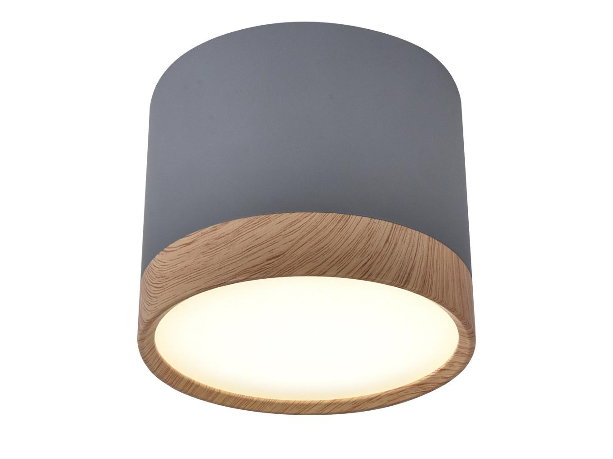 Oprawa sufitowa LED 9 W drewniana i szara na białym tle
