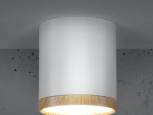 Miniaturka 1 - Oprawa sufitowa LED biała z dekorem drewna na tle betonowej ściany