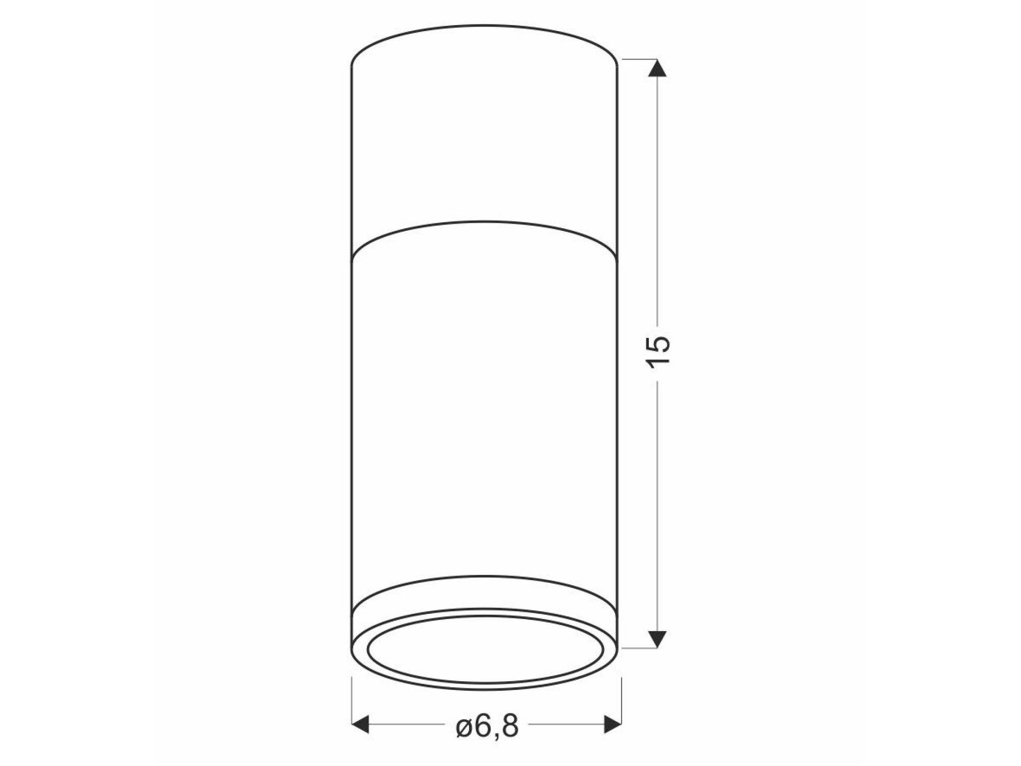 Rysunek wymiarowy cylindrycznej oprawy sufitowej wysokość 15 cm średnica 6,8 cm